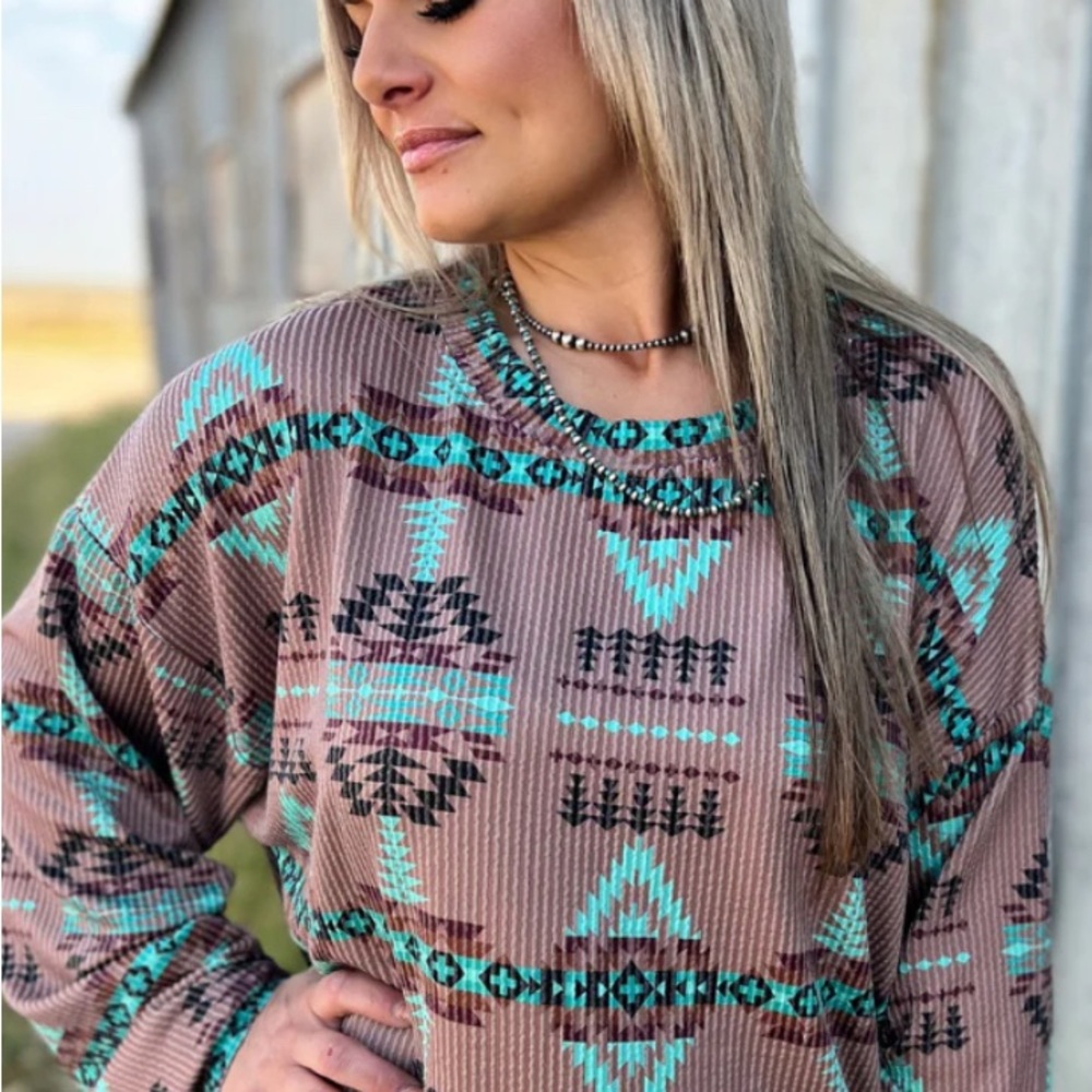 Tribal Print Sweater in Brown and Teal